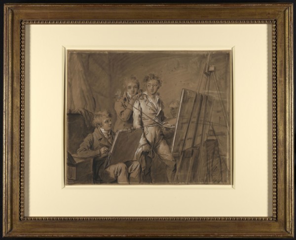 Three Young Artists in a Studio; Louis-Léopold Boilly, French, 1761 - 1845, about 1820; Black chalk with white chalk