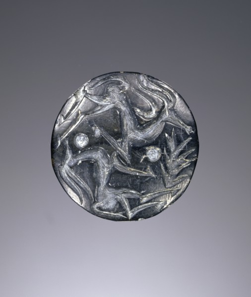 Lentoid engraved seal; Greece; about 1350 B.C. - 1100 B.C; Steatite; 2 × 0.8 cm, 13,16 × 5,16 in
