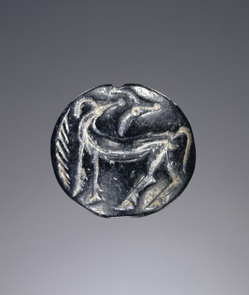 Lentoid engraved seal; Greece; about 1350 B.C. - 1100 B.C; Steatite; 1.7 × 1.8 × 0.9 cm, 11,16 × 11,16 × 3,8 in