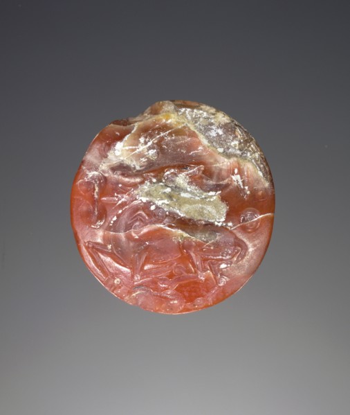 Lentoid engraved seal; Crete, Greece; about 1400 B.C. - 1300 B.C; Jasper; 1.8 × 0.8 cm, 11,16 × 5,16 in