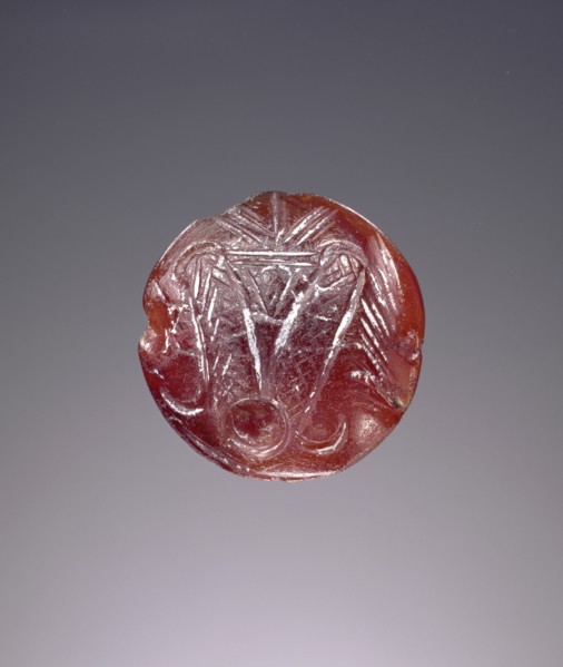 Lentoid engraved seal; Crete, Greece; about 1700 B.C. - 1450 B.C; Carnelian; 0.8 × 1.8 cm, 5,16 × 11,16 in