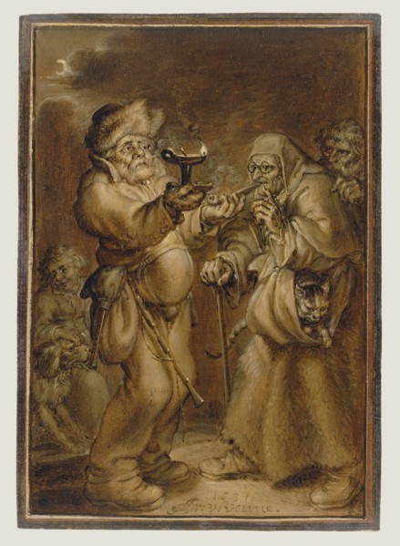 Moralizing Scene with an Old Woman and a Man; Adriaen van de Venne, Dutch, 1589 - 1662, 1631; Oil on paper; 16.7 x 11.4 cm