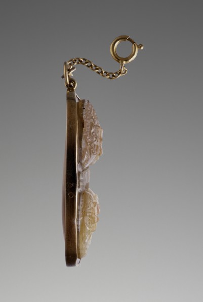 Cameo with Four Masks; gem 1st century; mount mid-19th century or later; Gem: sardonyx; Mount: gold; 2.9 cm