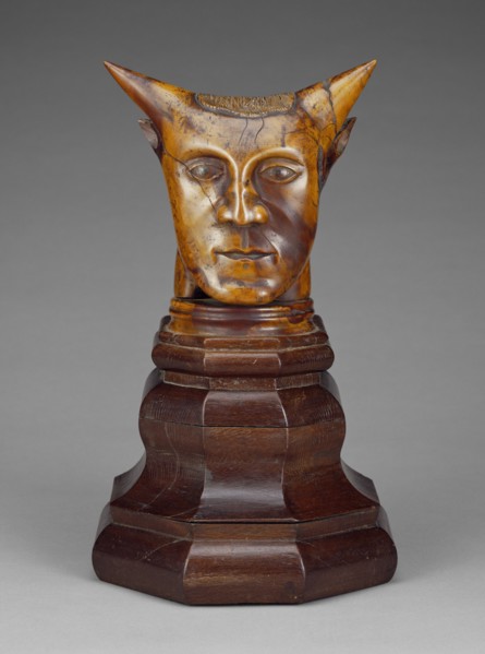 Head with Horns; Paul Gauguin, French, 1848 - 1903, 1895 - 1897; Sandalwood with traces of polychromy on a lacewood base