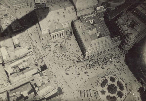 Cityscape with blimp shadow; Fédèle Azari, Italian, 1895 - 1930, Milan, Italy; 1914 - 1929; Gelatin silver print; 11.6 x 12 cm