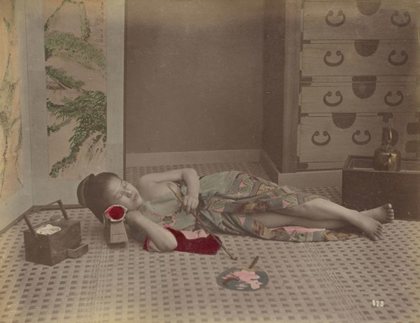 Woman Reclining with Pipe; Kusakabe Kimbei, Japanese, 1841 - 1934, active 1880s - about 1912, Japan; 1870s - 1890s