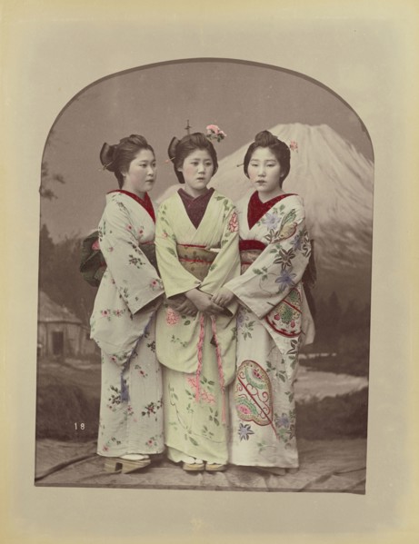 Three Girls; Kusakabe Kimbei, Japanese, 1841 - 1934, active 1880s - about 1912, Japan; 1870s - 1890s; Hand-colored Albumen
