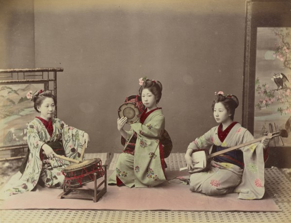 Girls Playing Samisen and Fluya; Kusakabe Kimbei, Japanese, 1841 - 1934, active 1880s - about 1912, Japan; 1870s - 1890s