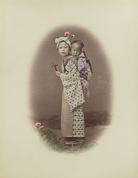 Carrying Baby; Kusakabe Kimbei, Japanese, 1841 - 1934, active 1880s - about 1912, Japan; 1870s - 1890s; Hand-colored Albumen
