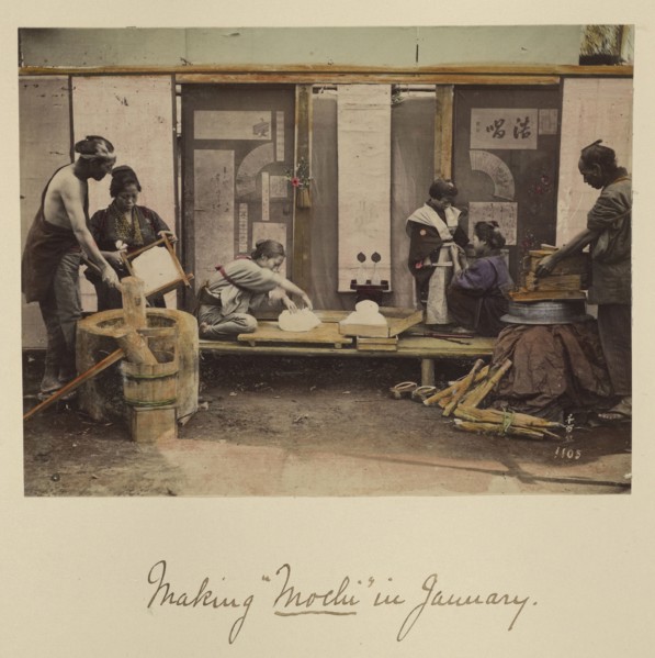 Making Mochi in January; Shinichi Suzuki, Japanese, 1835 - 1919, Japan; about 1873 - 1883; Hand-colored Albumen silver print