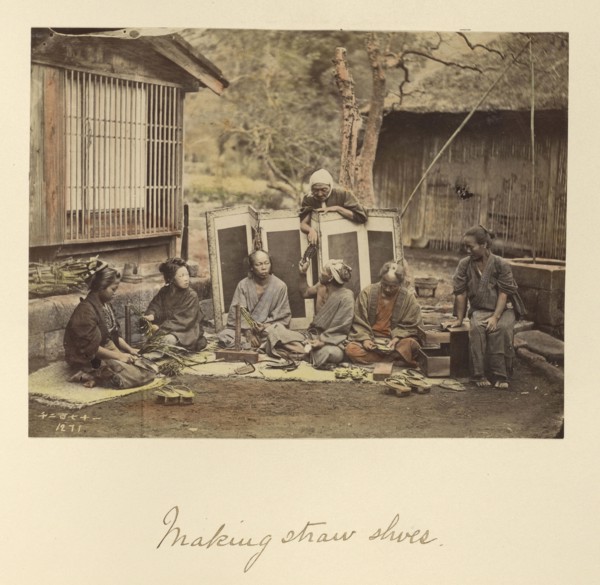 Making Straw Shoes; Shinichi Suzuki, Japanese, 1835 - 1919, Japan; about 1873 - 1883; Hand-colored Albumen silver print