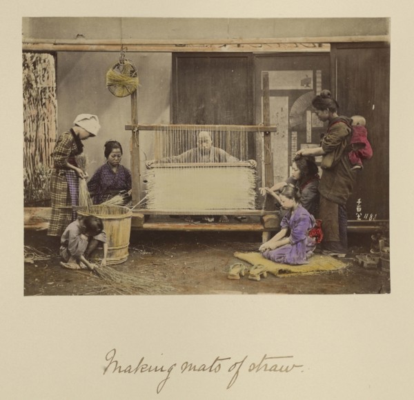 Making Mats of Straw; Shinichi Suzuki, Japanese, 1835 - 1919, Japan; about 1873 - 1883; Hand-colored Albumen silver print