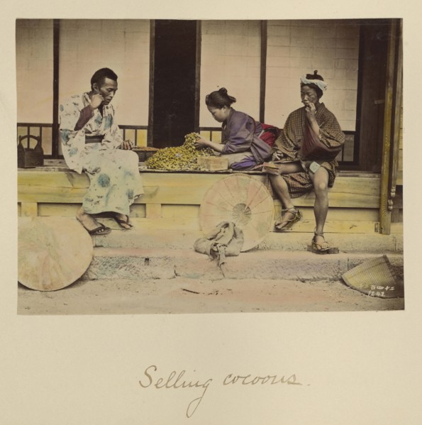 Selling Cocoons; Shinichi Suzuki, Japanese, 1835 - 1919, Japan; about 1873 - 1883; Hand-colored Albumen silver print