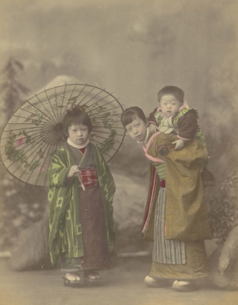 Japanese Mother with Her Two Children; Attributed to Kusakabe Kimbei, Japanese, 1841 - 1934, active 1880s - about 1912, Japan