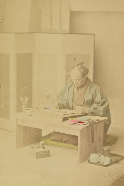 A Japanese Artist at Work; Kazumasa Ogawa, Japanese, 1860 - 1929, 1897; Hand-colored Albumen silver print
