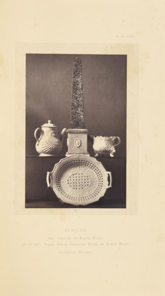 Obelisk, tea pot, milk pot, and plate; William Chaffers, English, 1811 - 1892, London, England, Europe; 1871; Woodburytype