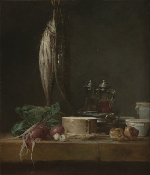 Still Life with Fish, Vegetables, Gougères, Pots, and Cruets on a Table; Jean-Siméon Chardin, French, 1699 - 1779, 1769