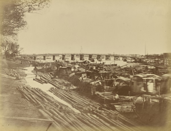 Bridge, Shanghai, opposite Astor House; Unknown maker; Shanghai, China; about 1870; Albumen silver print