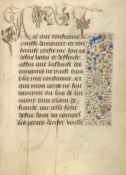 Decorated Text Page; Ghent, written, Belgium; 1469; Tempera colors, gold leaf, gold paint, silver paint, and ink on parchment