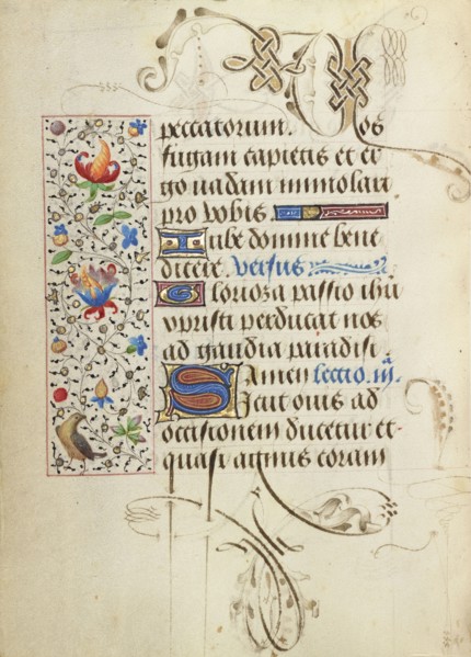 Decorated Text Page; Ghent, written, Belgium; about 1471; Tempera colors, gold leaf, gold paint, silver paint, and ink