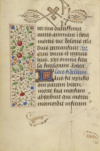 Decorated Text Page; Ghent, written, Belgium; about 1471; Tempera colors, gold leaf, gold paint, silver paint, and ink