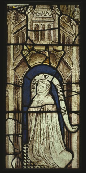 Kneeling Donor; French; Brittany, France; about 1440 - 1450; Pot-metal and colorless glass, vitrious paint; lead came