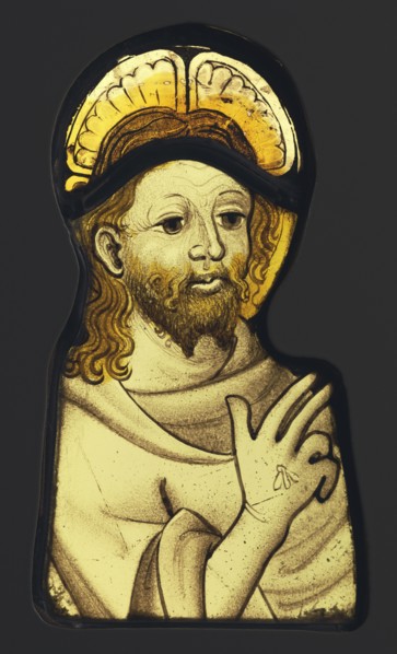 The Resurrected Christ Blessing; English; Norfolk?, England; about 1450 - 1470; Colorless glass, vitreous paint, and silver