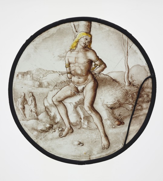 Saint Sebastian; German; Germany; about 1520 - 1530; Colorless glass, vitreous paint, and silver stain; 19.5 x 1 cm