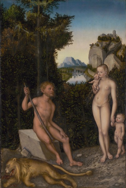 A Faun and His Family with a Slain Lion; Lucas Cranach the Elder, German, 1472 - 1553, about 1526; Oil on panel; 82.9 × 56.2 cm