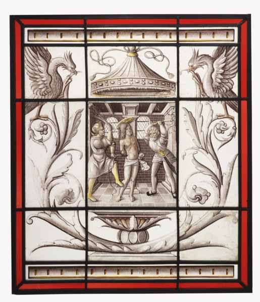 The Flagellation; North Netherlandish; North Netherlands; about 1510 - 1520; Colorless glass, vitreous paint, and silver stain