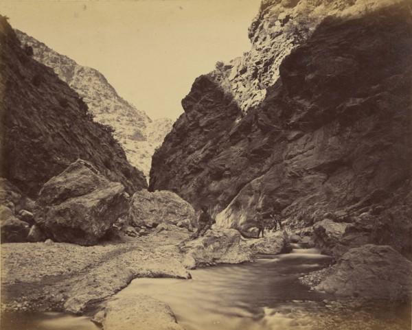 Three men beside river; John Burke, British, active 1860s - 1870s, Afghanistan; 1878 - 1879; Albumen silver print