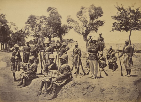 Soldiers in tartan kilts; John Burke, British, active 1860s - 1870s, Afghanistan; 1878 - 1879; Albumen silver print