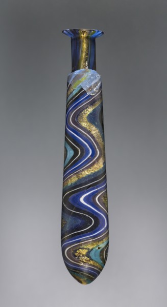 Perfume Flask with Swirled Blue, Black, White, Turquoise, and Gold Ribbons; Eastern Mediterranean or Italy end of 1st century BC