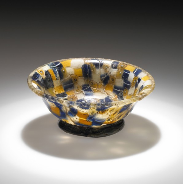 Cup with Blue, White, and Yellow Canes; Eastern Mediterranean; 1st century B.C; Glass; 3.8 x 10.3 cm, 1 1,2 x 4 1,16 in