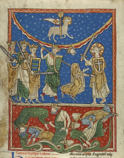 The Lamb Defeating the Ten Kings; Northern Spain, Spain; about 1220 - 1235; Tempera colors and gold leaf on parchment