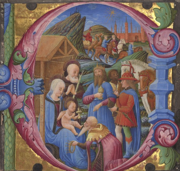 Initial E: Adoration of the Magi; Franco dei Russi, Italian, active about 1453 - 1482, Veneto, Italy; 1470s; Tempera and gold