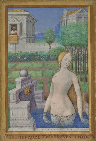 Bathsheba Bathing; Jean Bourdichon, French, 1457 - 1521, Tours, France; 1498–1499; Tempera and gold on parchment