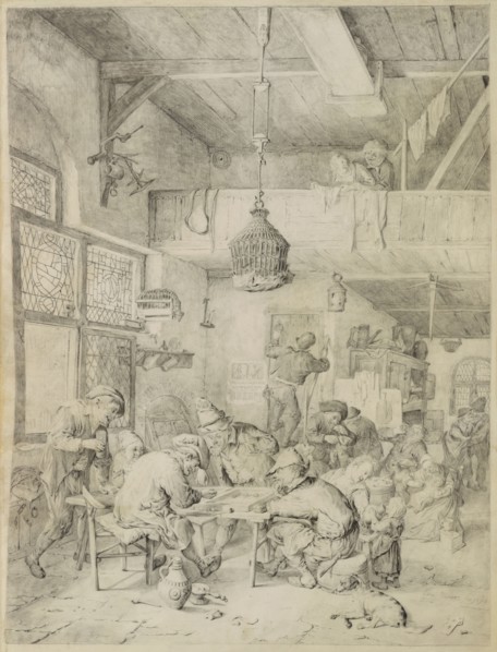 Peasants Playing Backgammon and Merry-Making in a Tavern; Cornelis Dusart, Dutch, 1660 - 1704, 1694; Graphite and pen and gray