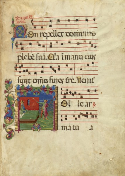 Initial T: Isaac and Esau; Attributed to Franco dei Russi, Italian, active about 1453 - 1482, Ferrara, Italy; about 1455 - 1461