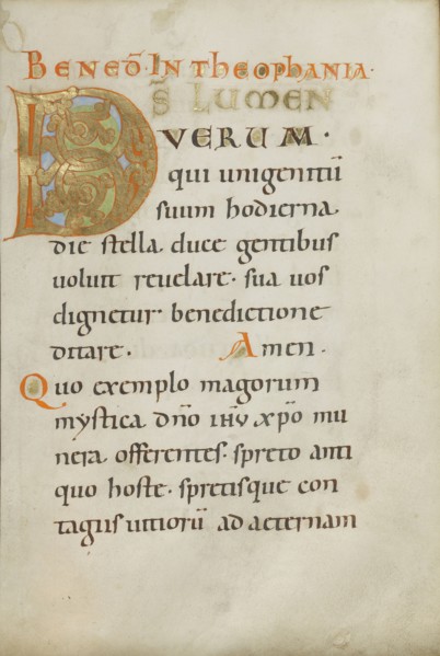 Decorated Initial D; Regensburg, Bavaria, Germany; about 1030 - 1040; Tempera colors, gold leaf, and ink on parchment; Leaf