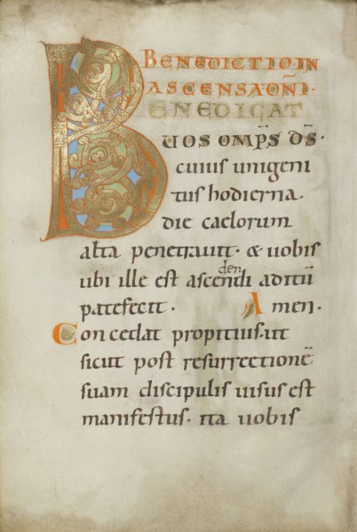 Decorated Initial B; Regensburg, Bavaria, Germany; about 1030 - 1040; Tempera colors, gold leaf, and ink on parchment; Leaf