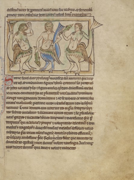 Sirens; England; about 1250 - 1260; Pen-and-ink drawings tinted with body color and translucent washes on parchment; Leaf