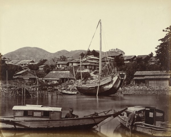 Group of Japanese Junks and Boats in the Creek; Felice Beato, 1832 - 1909, Japan; 1863 - 1868; Albumen