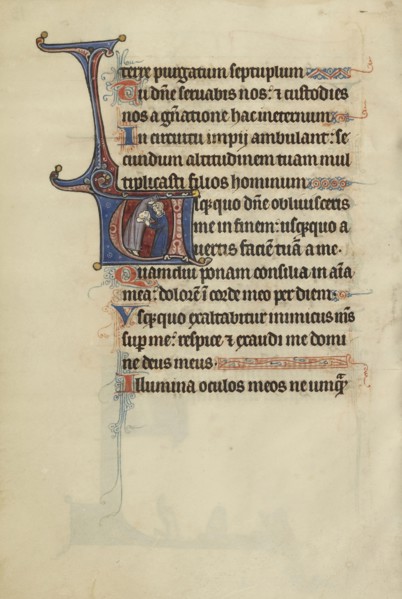 Initial U: A Man Clothing a Nude Man; Bute Master, Franco-Flemish, active about 1260 - 1290, Paris, written, France