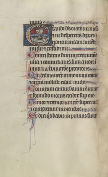 Initial E: Passengers in a Boat Crying Out to God for Mercy; Bute Master, Franco-Flemish, active about 1260 - 1290, Paris