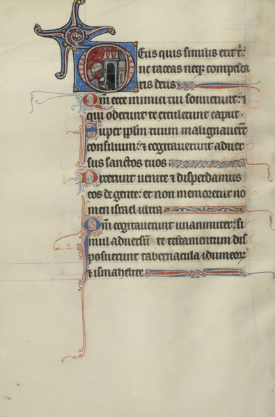 Initial D: A Man Hammering a Nail into the Ground before a Building; Bute Master, Franco-Flemish, active about 1260 - 1290