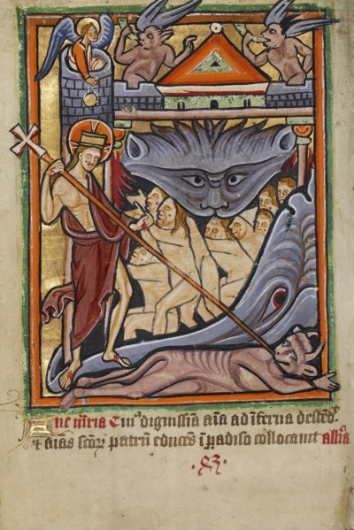 Harrowing of Hell; York perhaps, illuminated, Northern, England; illumination about 1190; written about 1490; Tempera colors