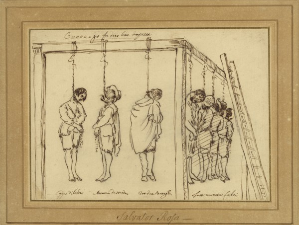 Seven Men on the Gallows; Bolognese School; Italy; about 1630; Pen and brown ink over black chalk; 18.7 × 26 cm