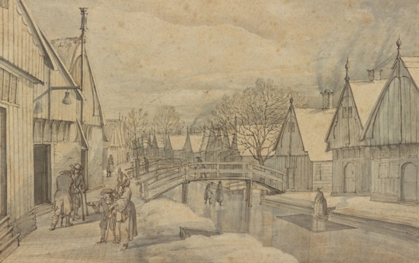 A Street in Jisp on a Winter's Day; Abraham Rutgers, Dutch, 1632 - 1699, Netherlands; before 1664; Pen and brown and black ink
