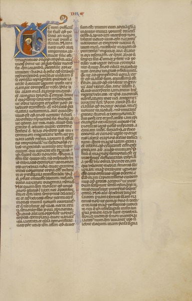 Initial U: A Monk with a Scroll and a Messenger; Bologna, Emilia-Romagna, Italy; about 1280 - 1290; Tempera colors, gold leaf